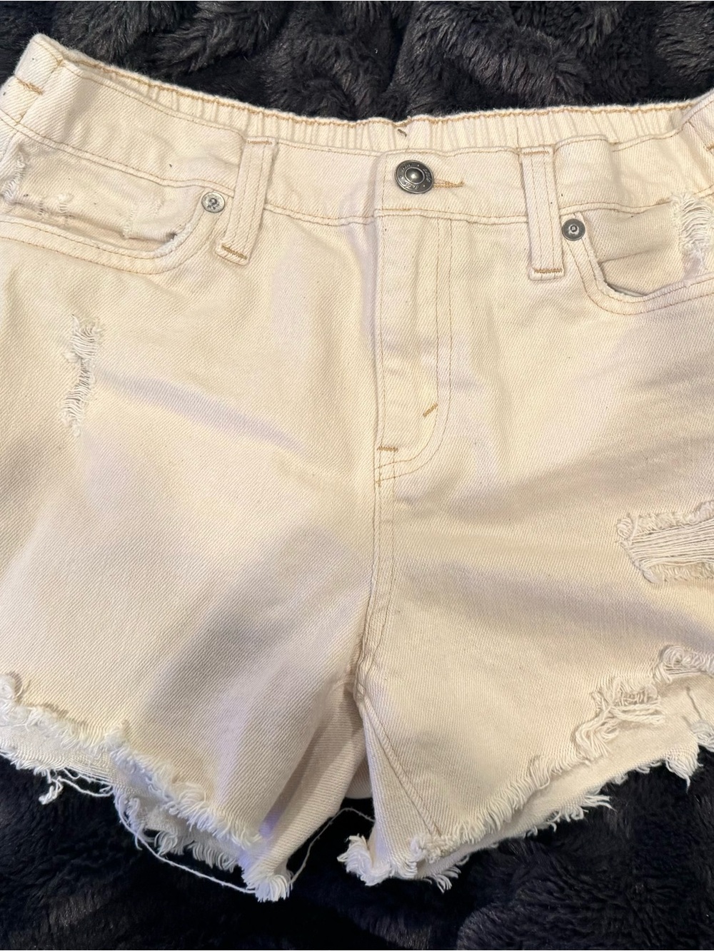 aerie Cream Distressed High-Rise Denim Shorts - Picture 1 of 3